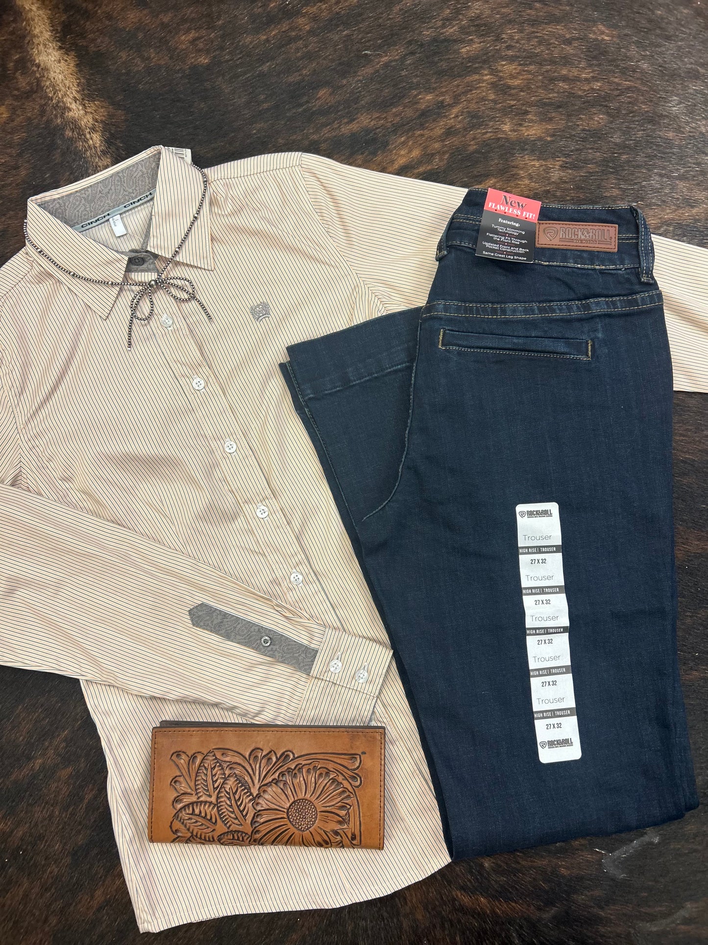 Rock N Roll Denim High Rise Stretch Dark Wash Welt Pocket Trousers