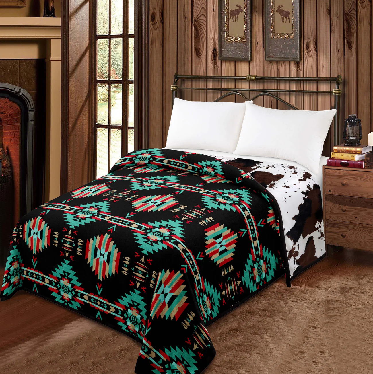 Blue Aztec & Cow Print- King Reversible Blanket