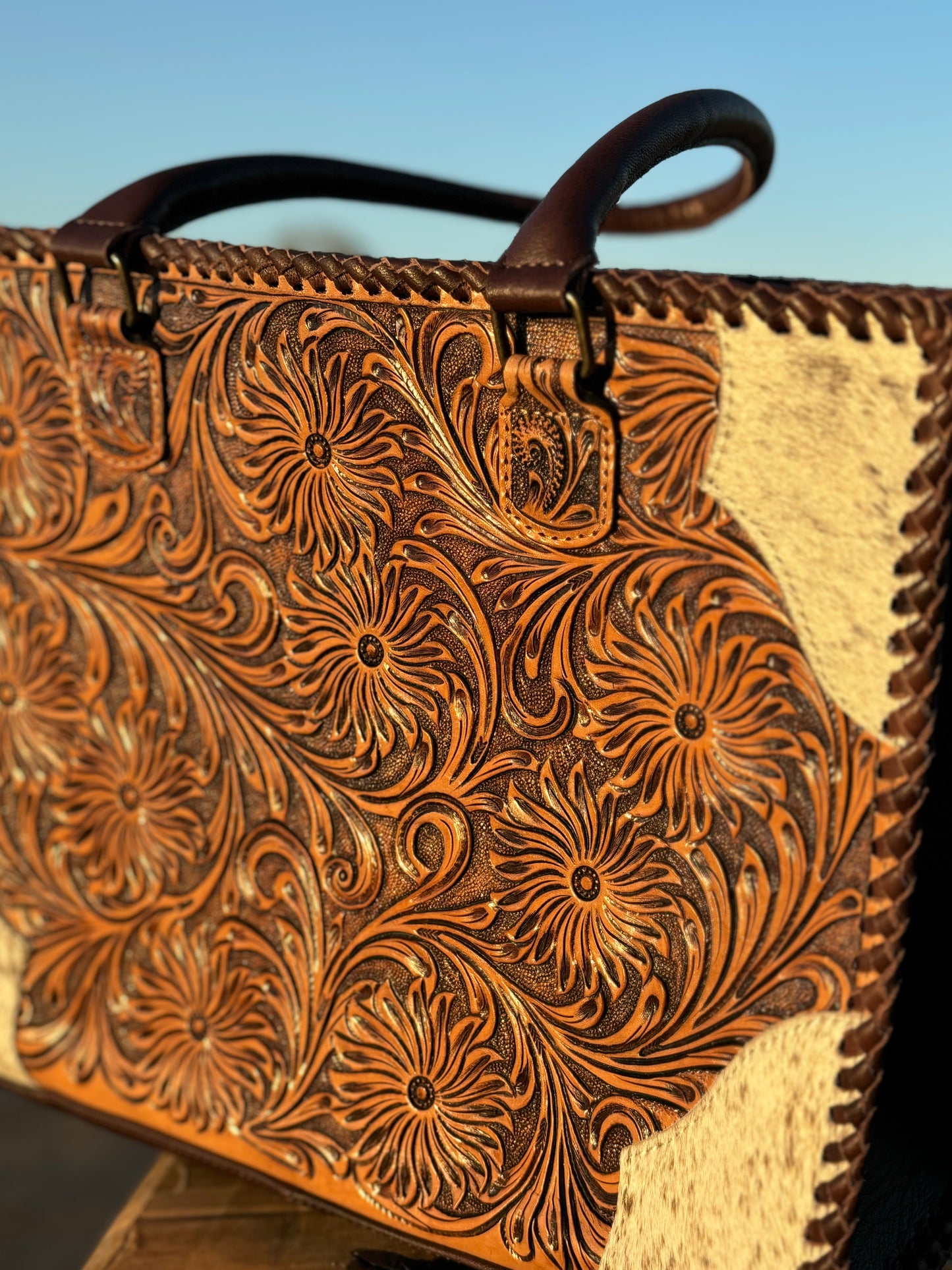 Tooled Leather Cowhide Corner Tote