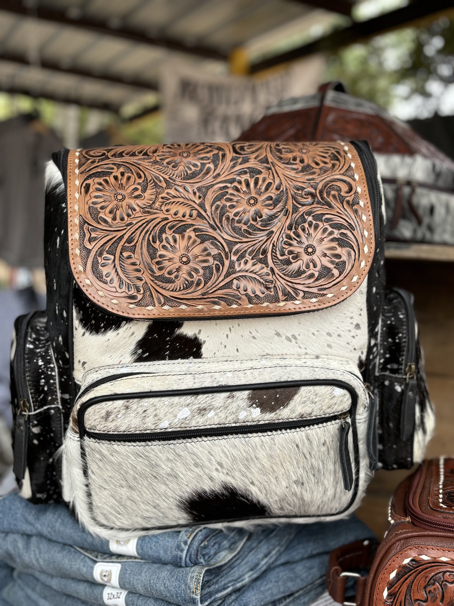 Acid Wash Cowhide Tooled Backpack