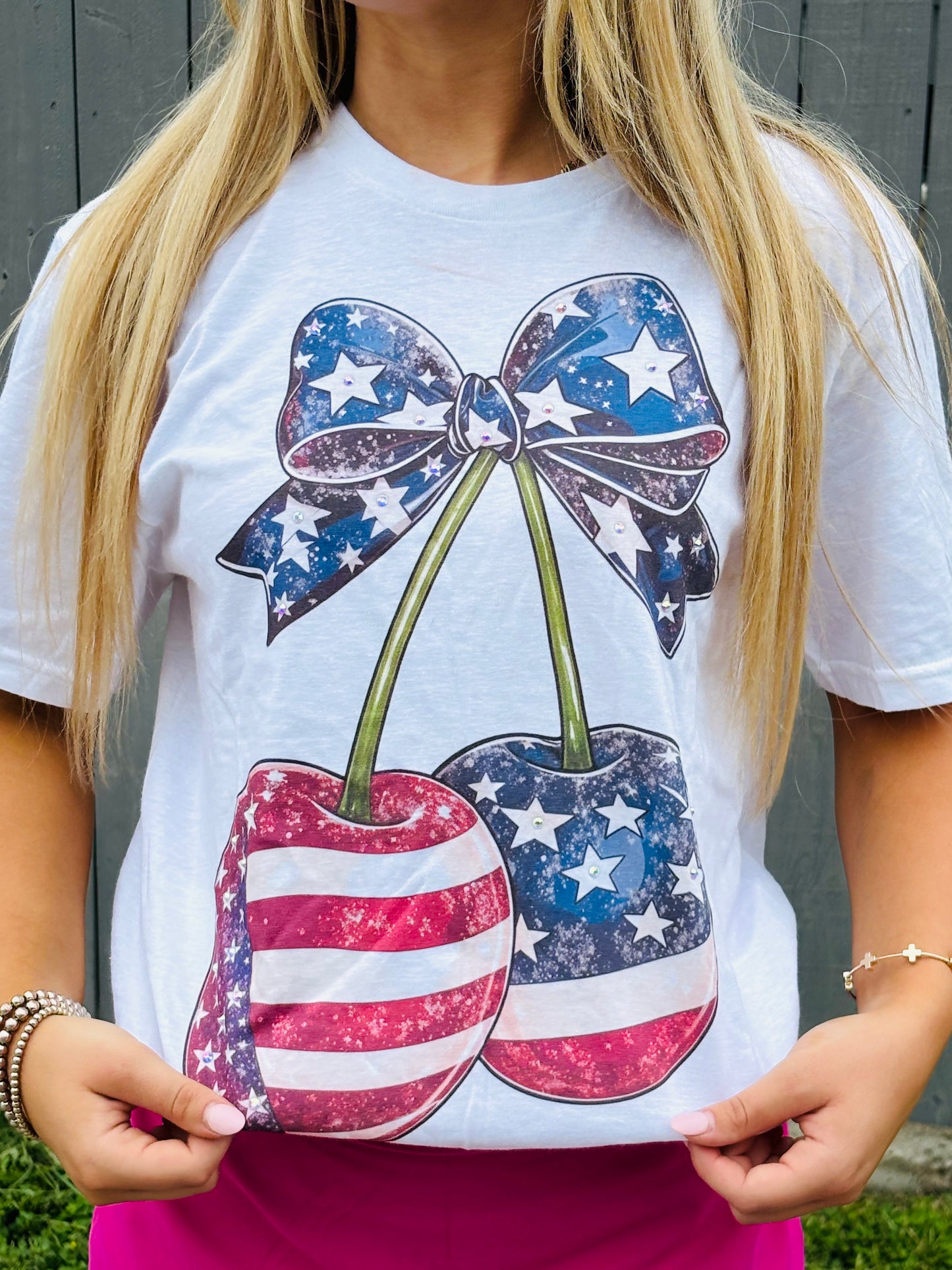 USA Cherry Bow Bedazzled Tee