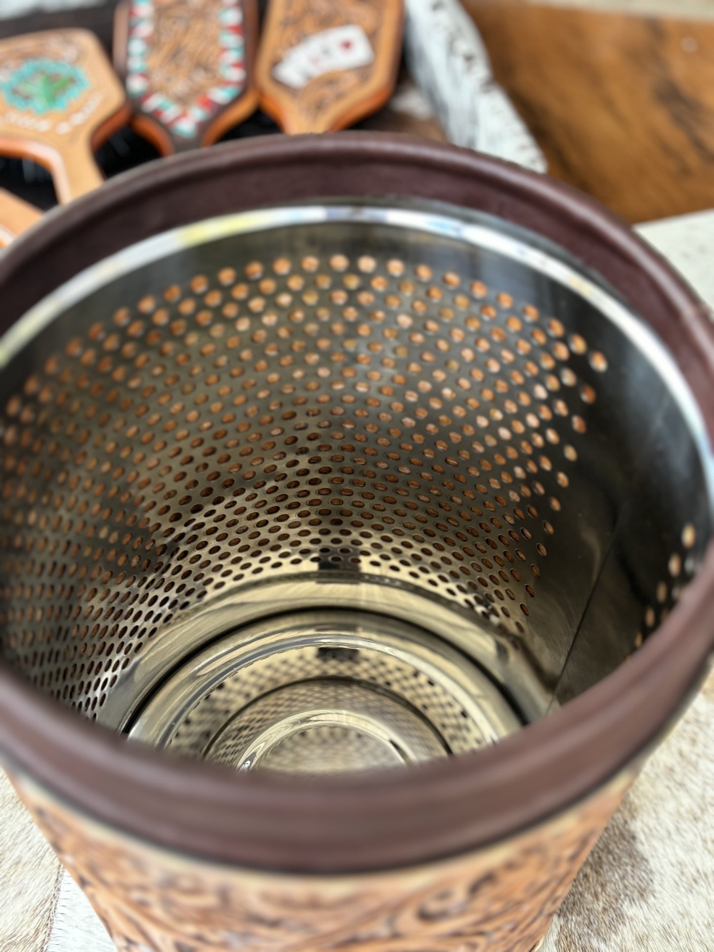 Tooled Leather Trash Bin