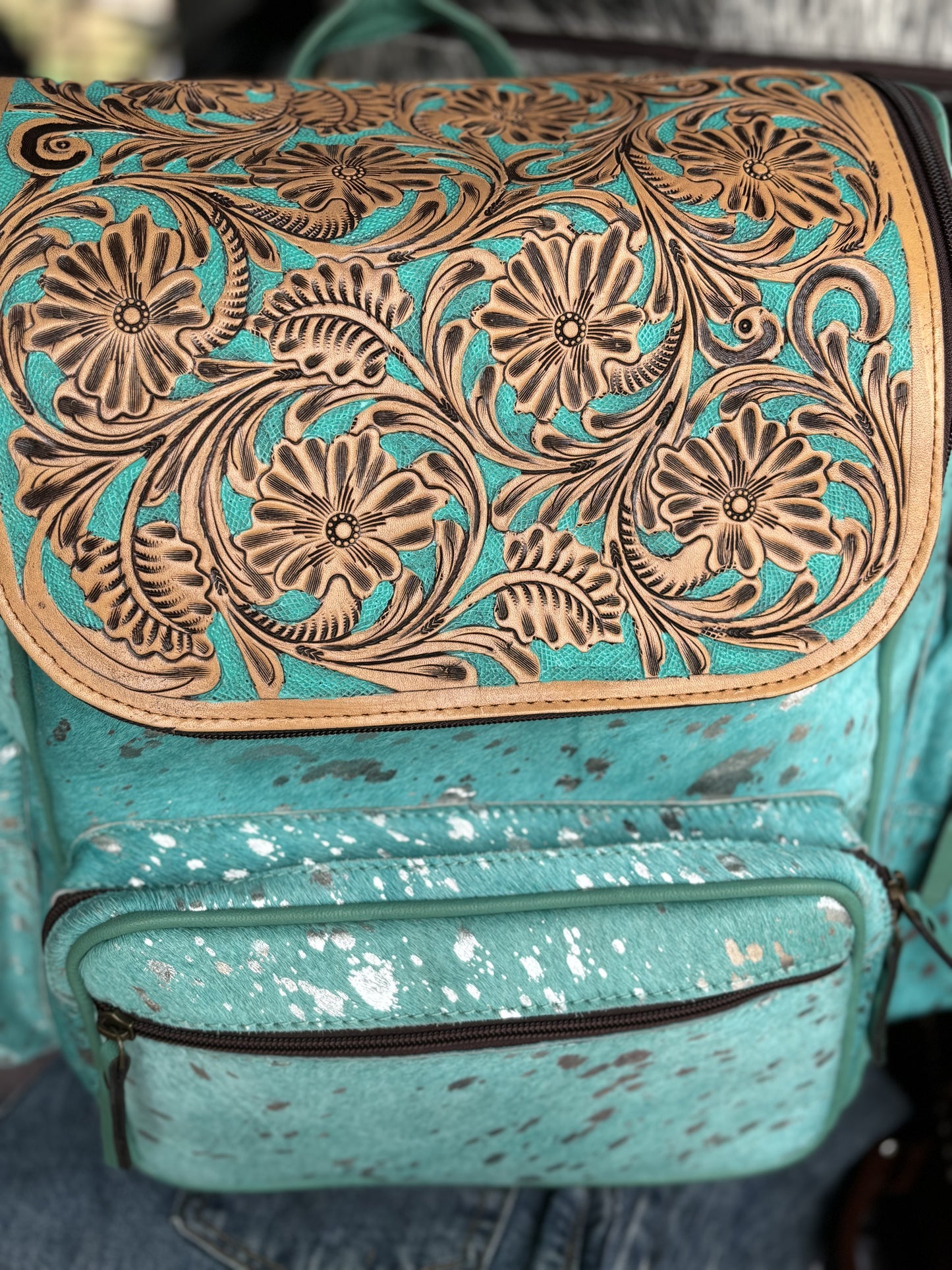 Acid Wash Turquoise Tooled Leather Backpack