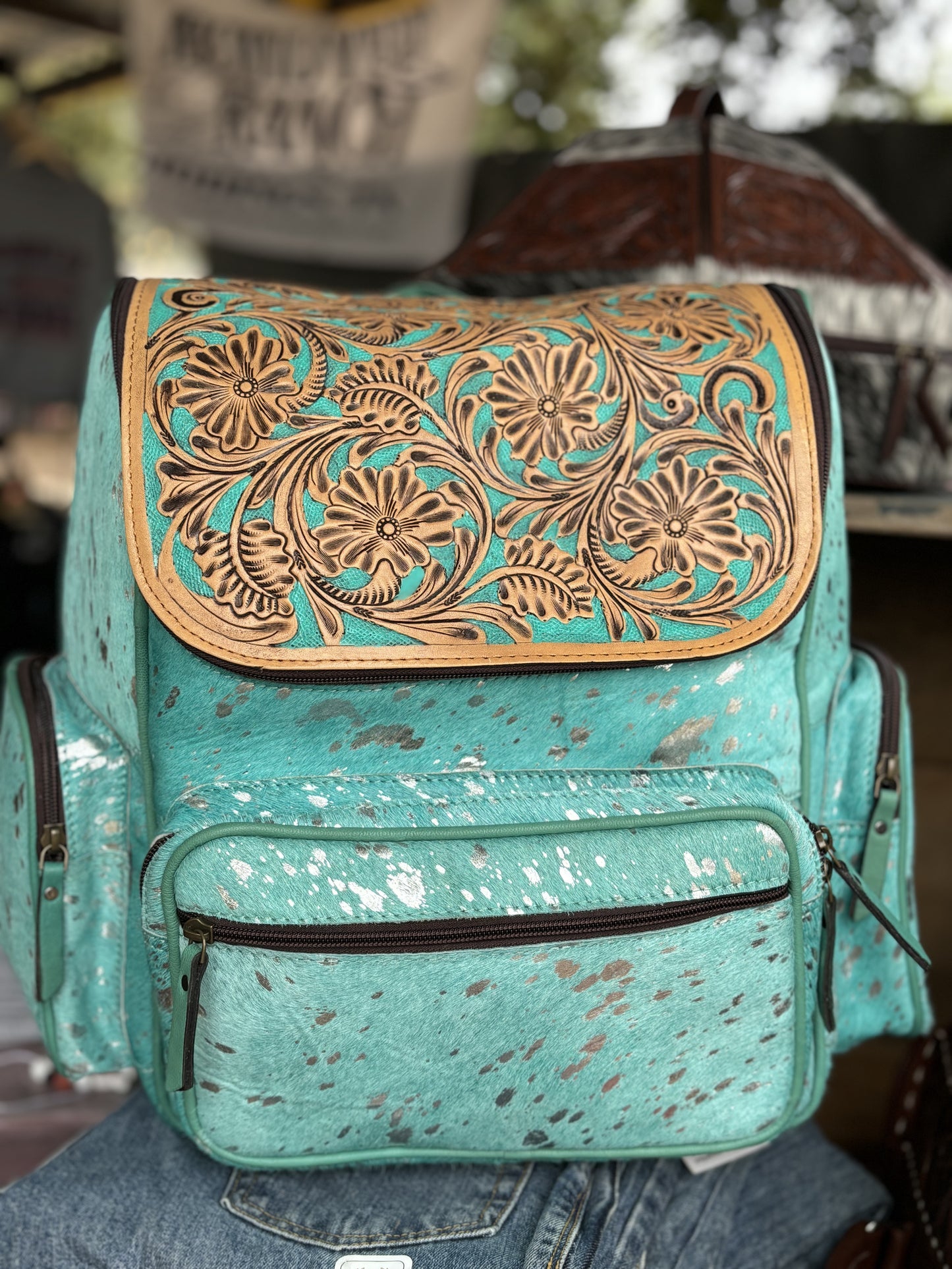 Acid Wash Turquoise Tooled Leather Backpack