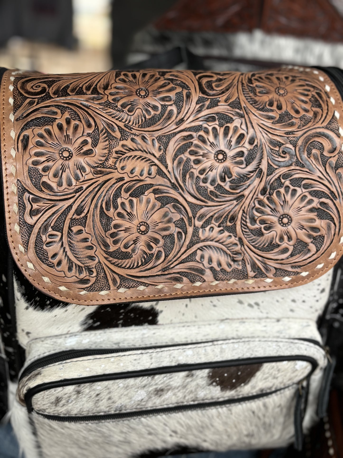 Acid Wash Cowhide Tooled Backpack