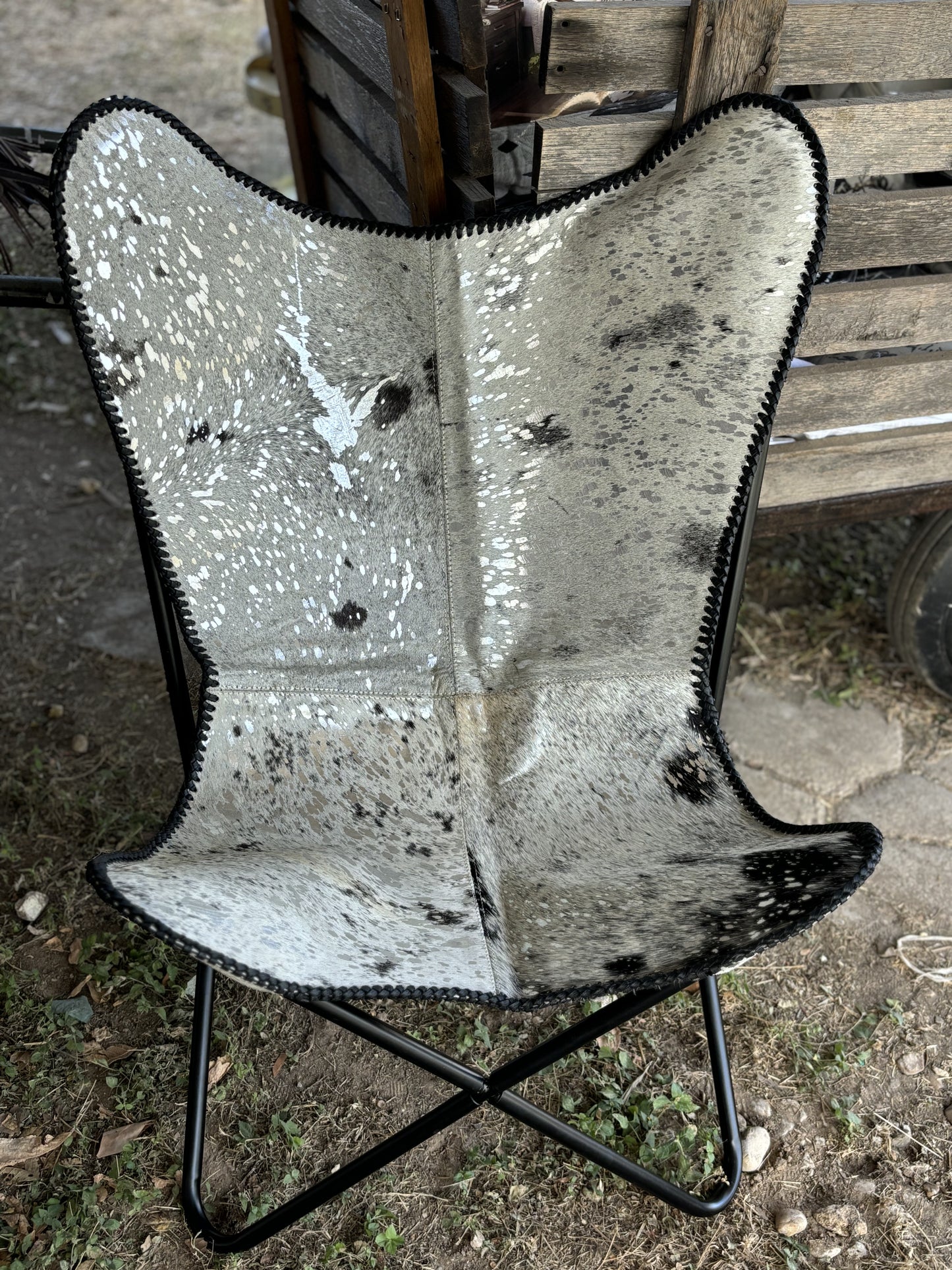 Silver Acid Wash Cowhide Butterfly Chair