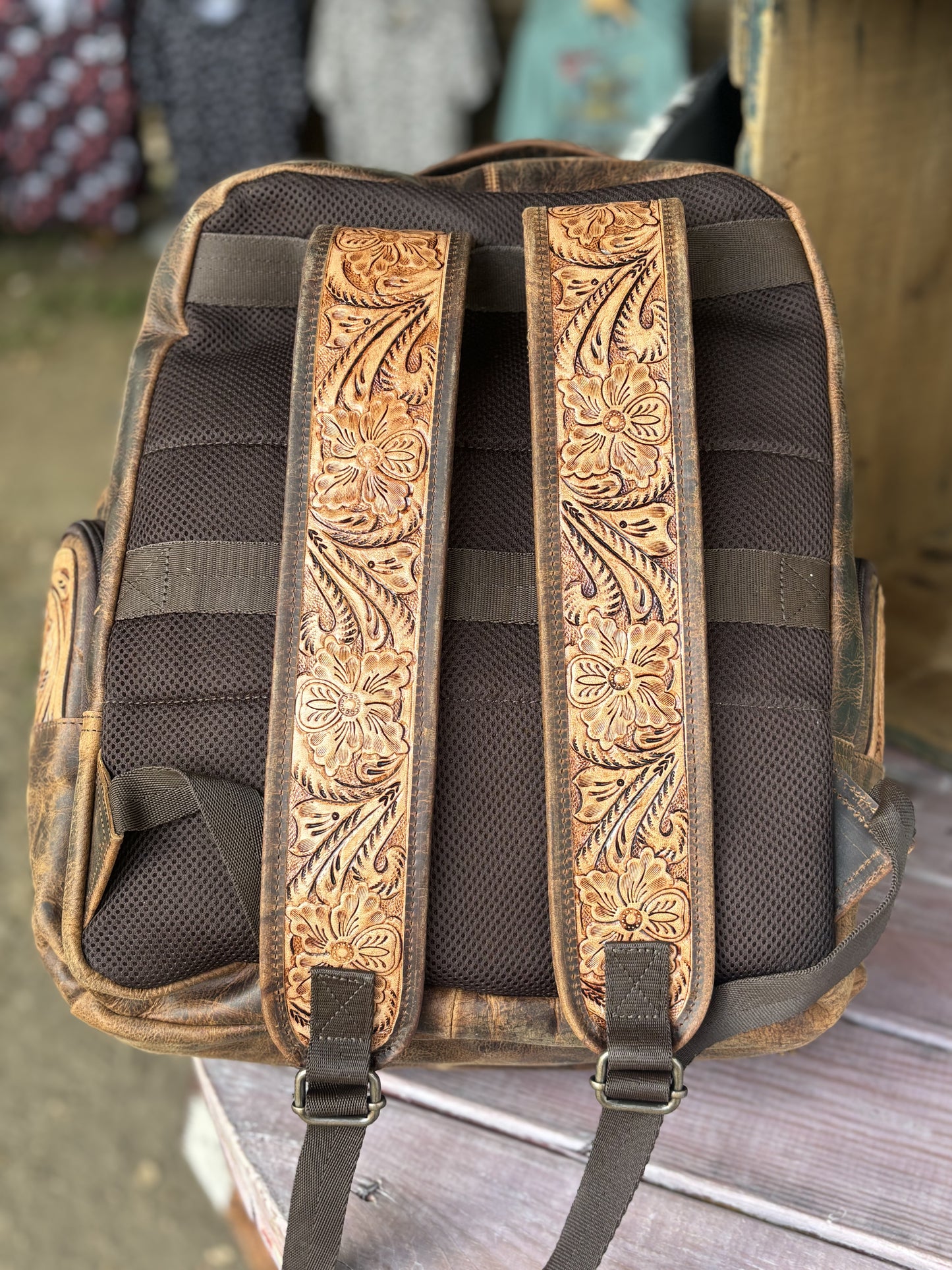 Dark Leather Cowhide Tooled Pocket & Straps Backpack