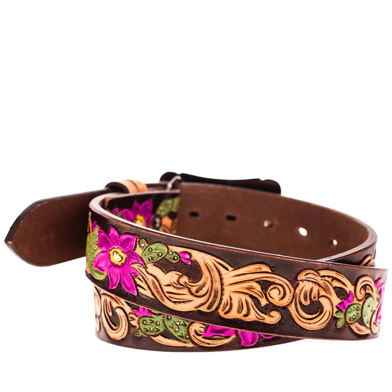HOOEY "Senorita" Brown/Fuchsia & Green Cactus Blossom Filigree Women's Belt