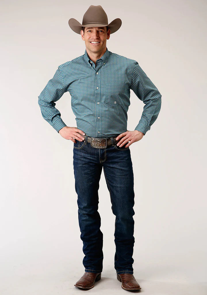Roper Men’s Long Sleeve Button Azure Neat Western Shirt