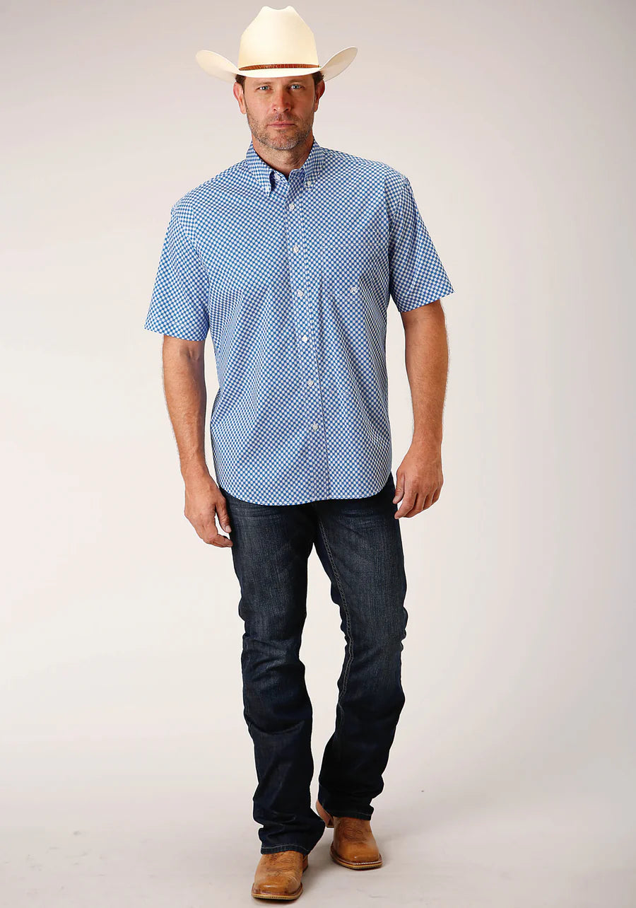 Roper Men’s Short Sleeve Button Diamond Star Geo Blue Western Shirt