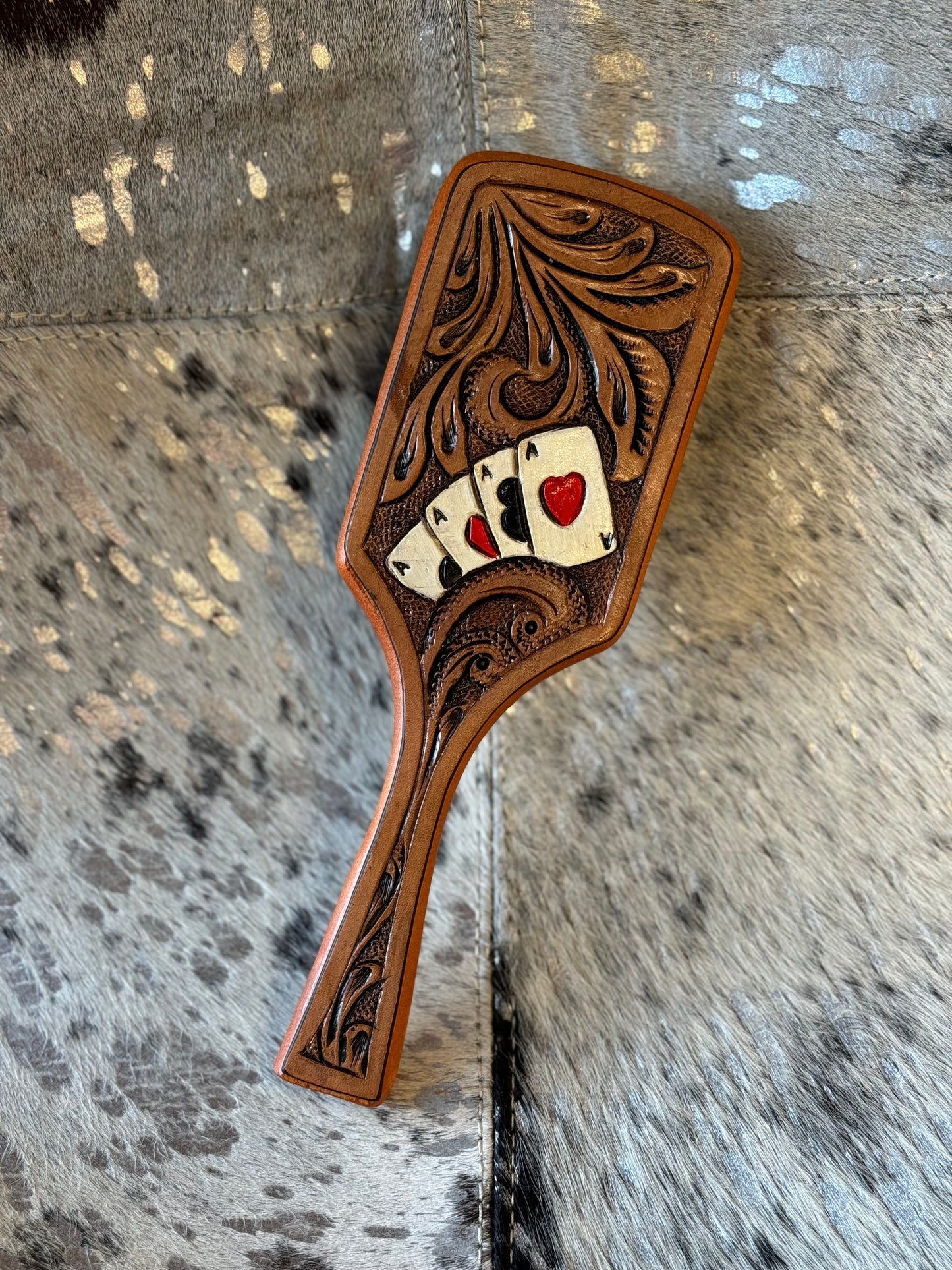 Poker Tooled Leather Hair Brush