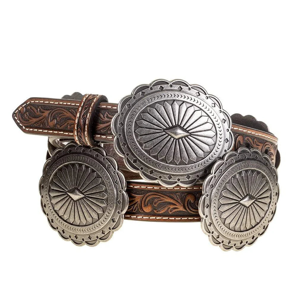 Ariat Women's Brown Tooled with Silver Oval Floral Conchos Belt