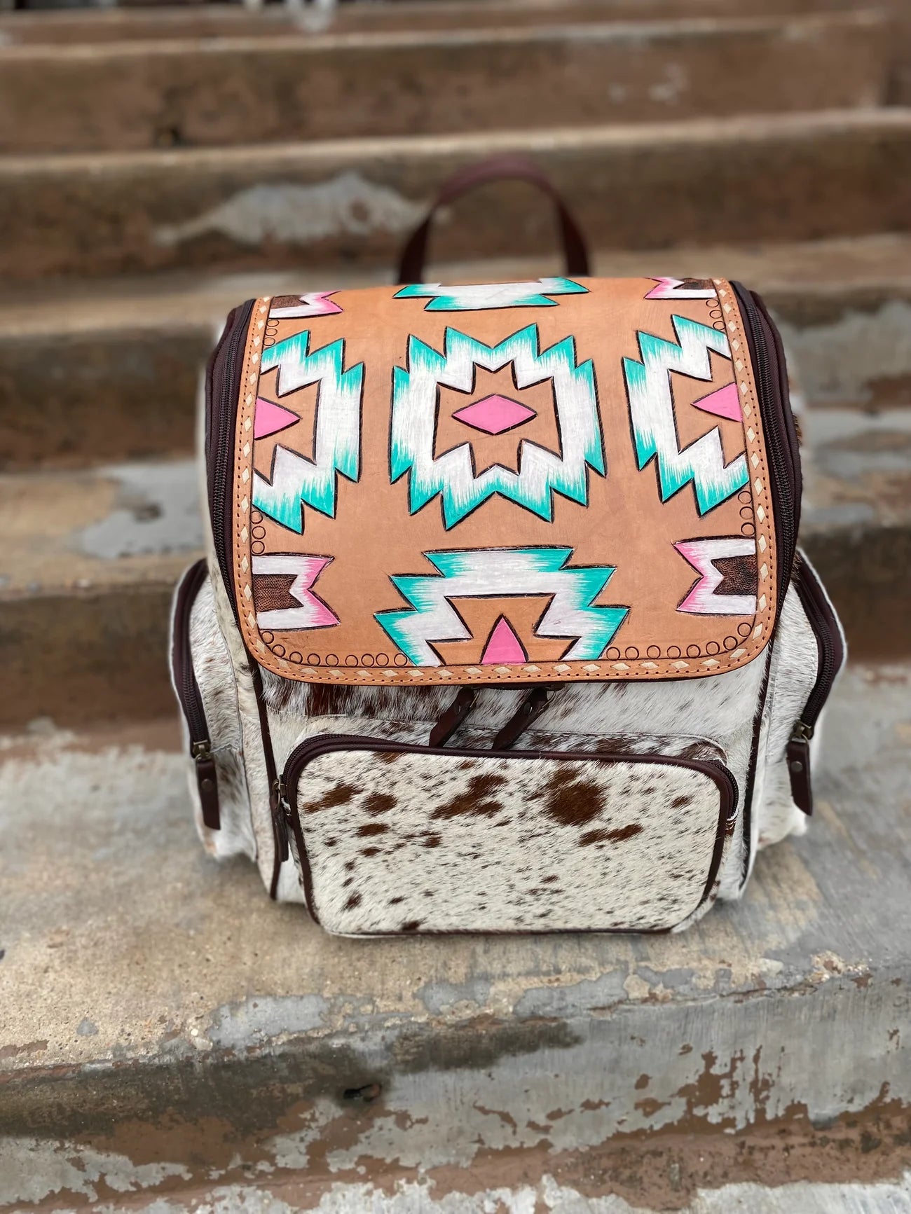Pink & Blue Aztec Cowhide Backpack