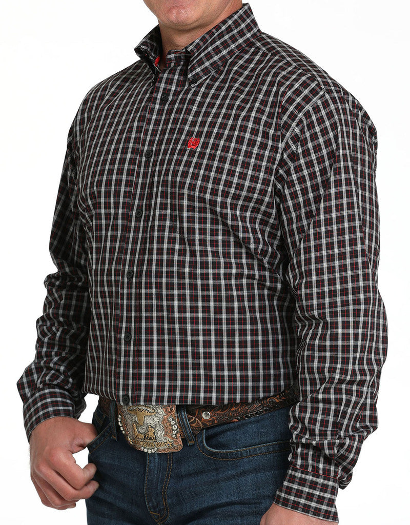 Cinch Men's Stretch Long Sleeve Button Down Black & Red Plaid