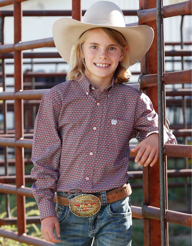 Cinch Boy's Long Sleeve Print Button Down Red & Black