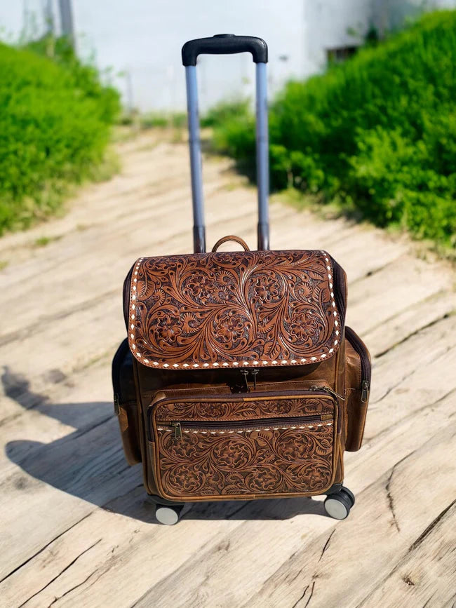 Rustic Tooled Leather Rolling Backpack