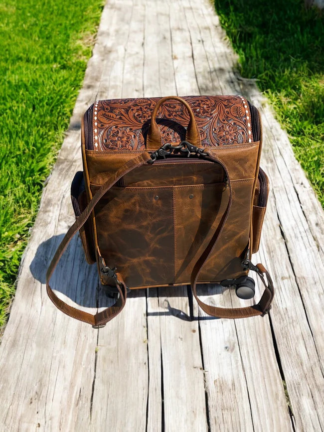 Rustic Tooled Leather Rolling Backpack