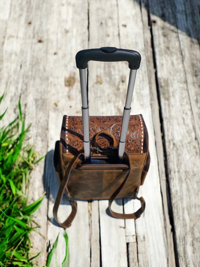 Rustic Tooled Leather Rolling Backpack