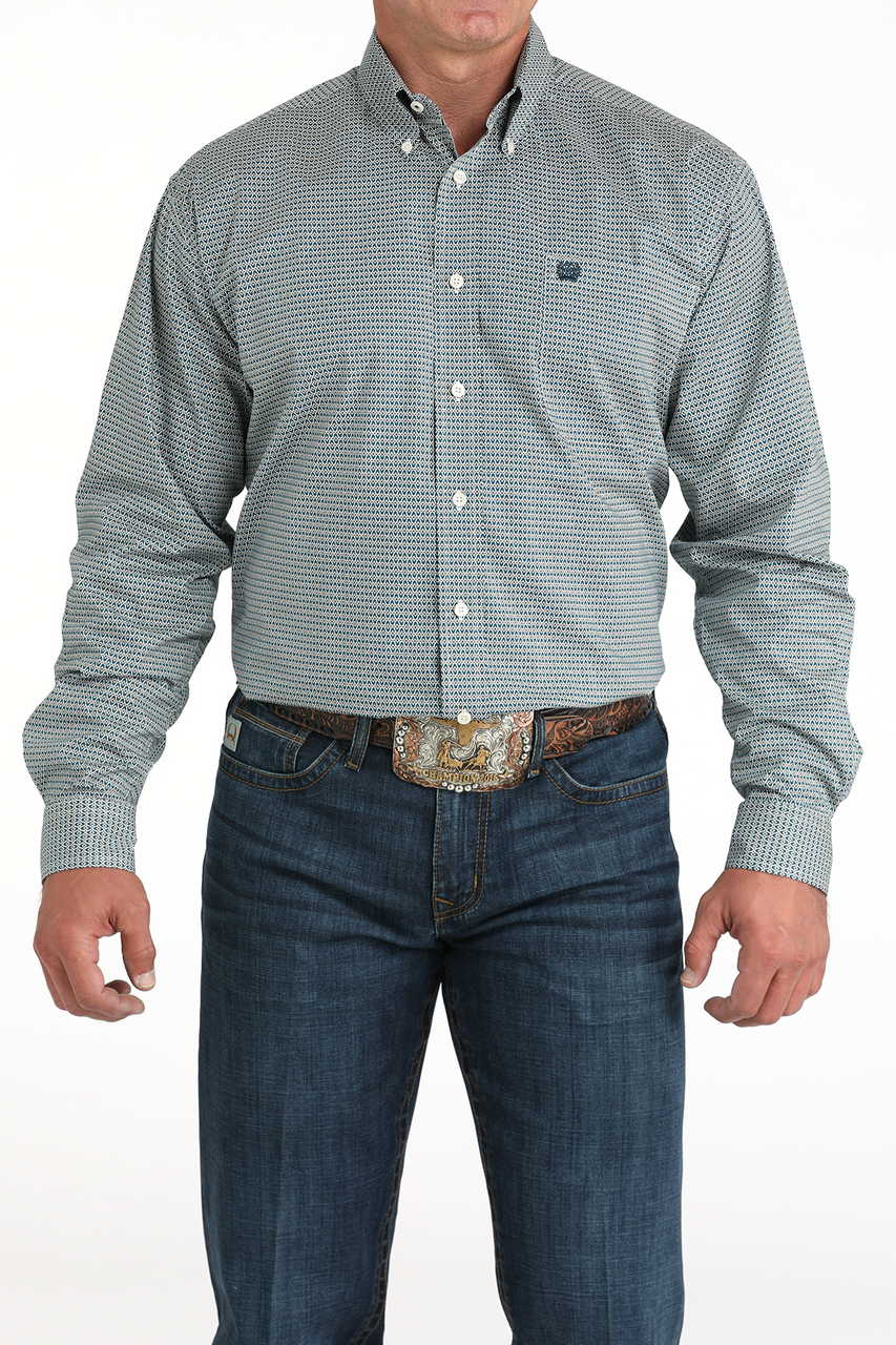 CINCH MEN'S BUTTON DOWN SHIRT- TEAL STRETCH GEOMETRIC PRINT