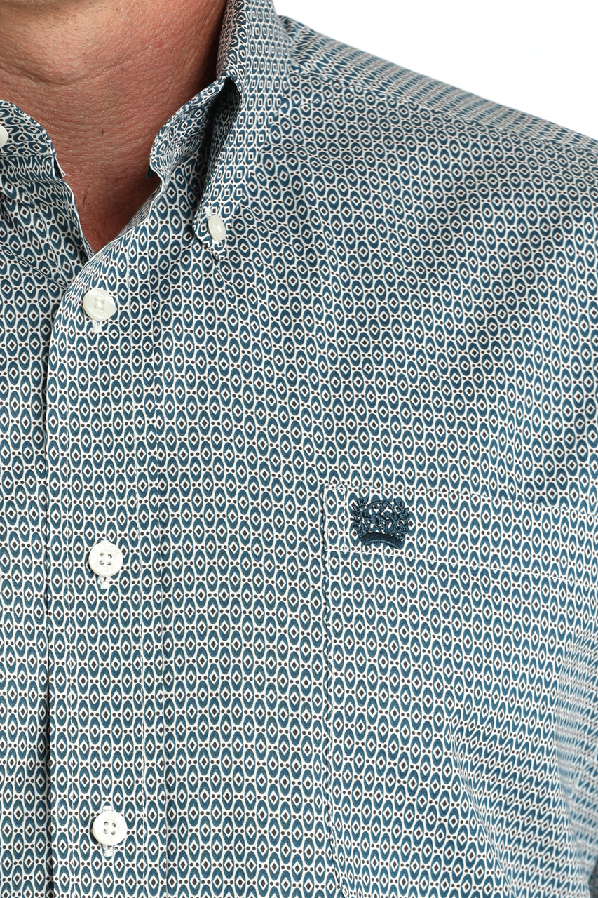 CINCH MEN'S BUTTON DOWN SHIRT- TEAL STRETCH GEOMETRIC PRINT