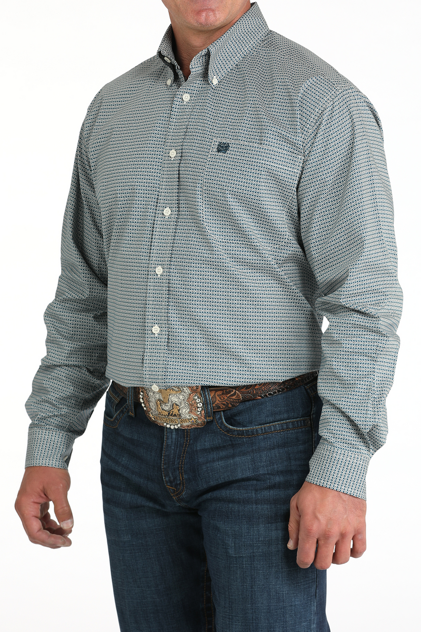 CINCH MEN'S BUTTON DOWN SHIRT- TEAL STRETCH GEOMETRIC PRINT