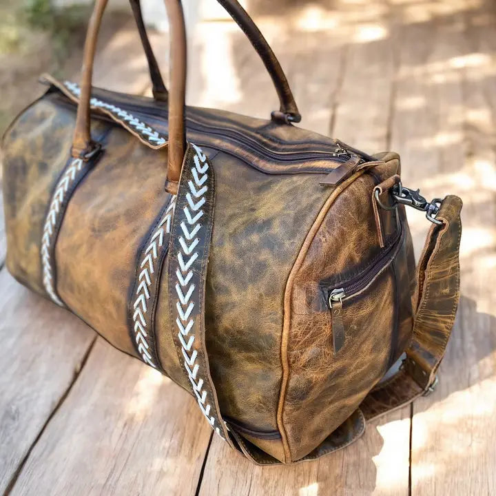Vintage White Stitched Leather Duffel