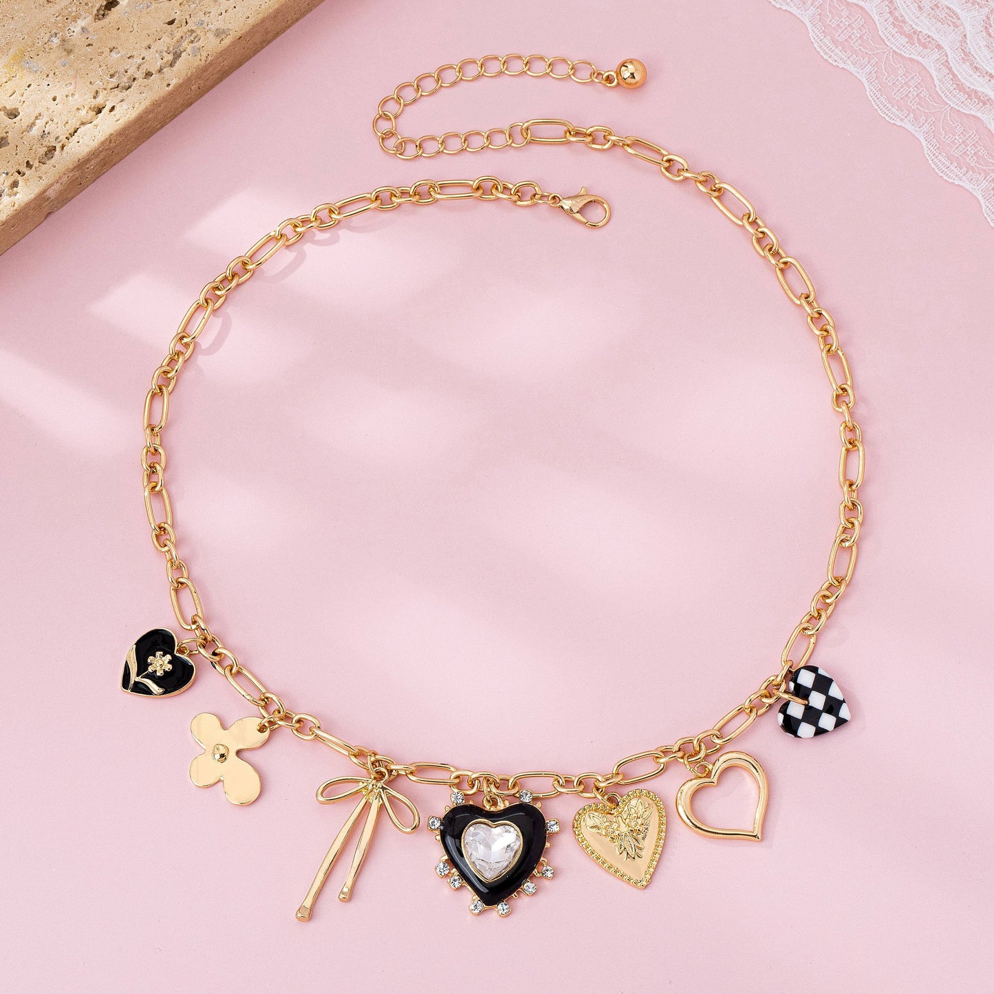 Golden Whimsy Checkered Charm Necklace