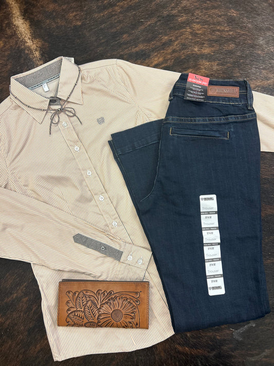 Rock N Roll Denim High Rise Stretch Dark Wash Welt Pocket Trousers