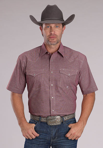 Roper Men’s Mini Check Wine Stretch Short Sleeve Shirt