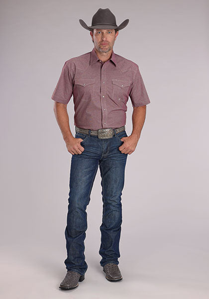 Roper Men’s Mini Check Wine Stretch Short Sleeve Shirt