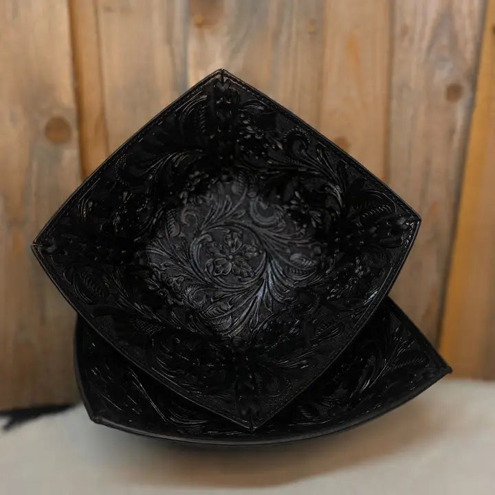 Black Tooled Leather Floral Bowl