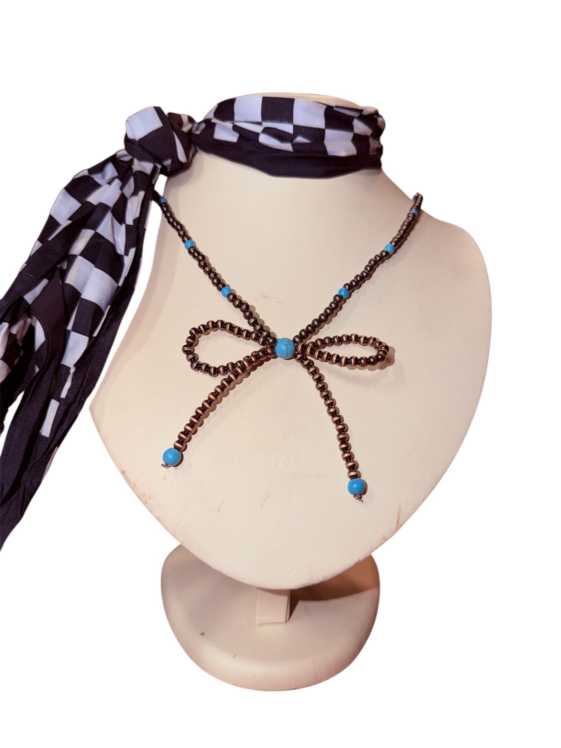 Faux Turquoise Bow Pearl Necklace