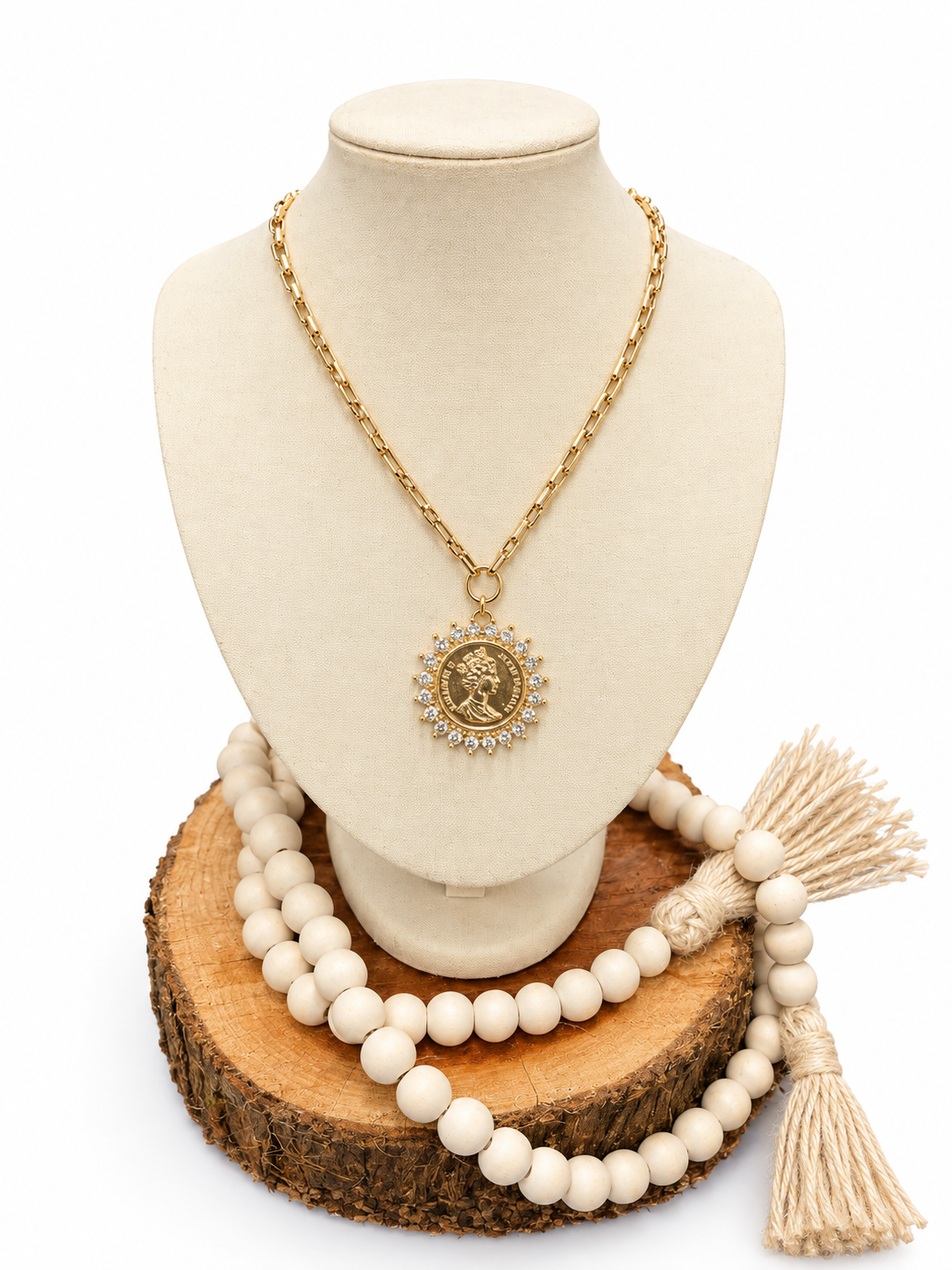 Jeweled Gold Queen Coin Necklace