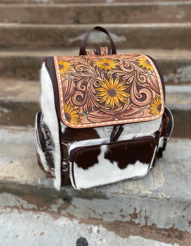 Sunflower Tooled Leather Cowhide Backpack