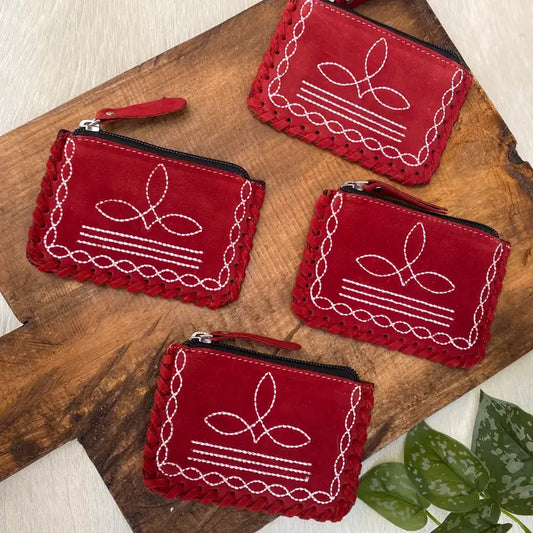 Red Leather Boot Stitch Coin Pouch