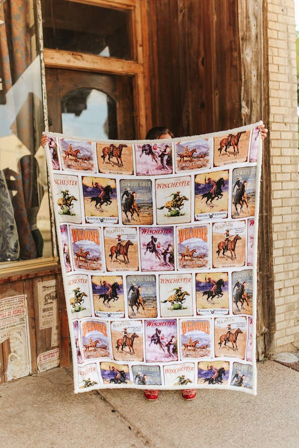 Western Post Stamp Collage Ivory Sherpa Blanket