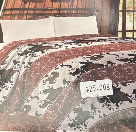 Tooled Leather & Cowprint Blanket - Twin Size