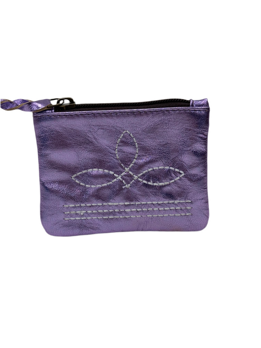 Metallic Purple Leather Boot Stitch Coin Pouch