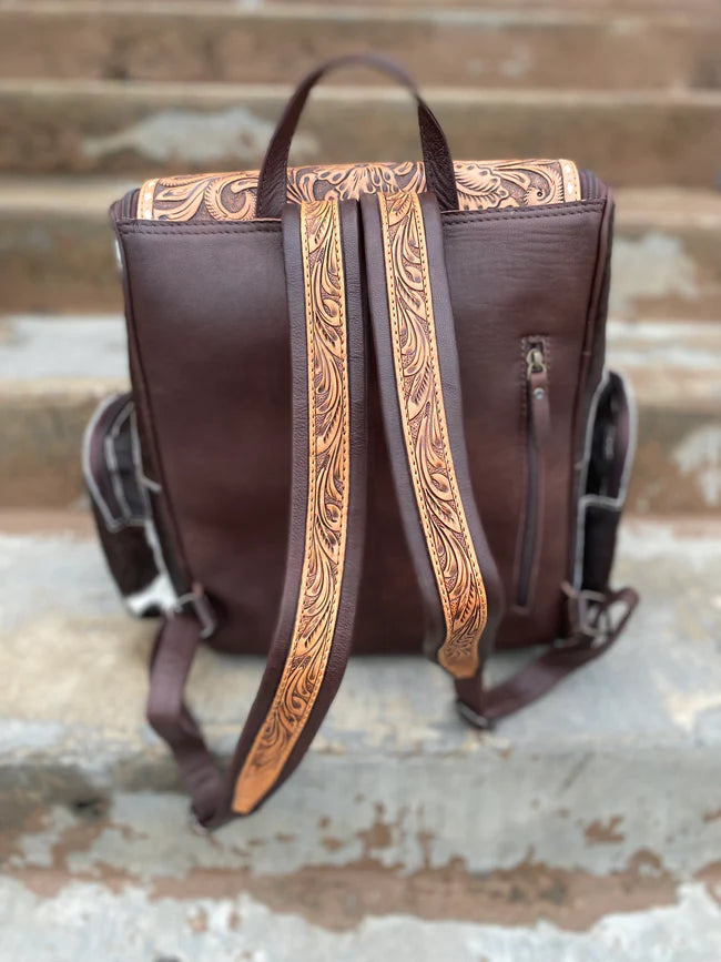 Sunflower Tooled Leather Cowhide Backpack