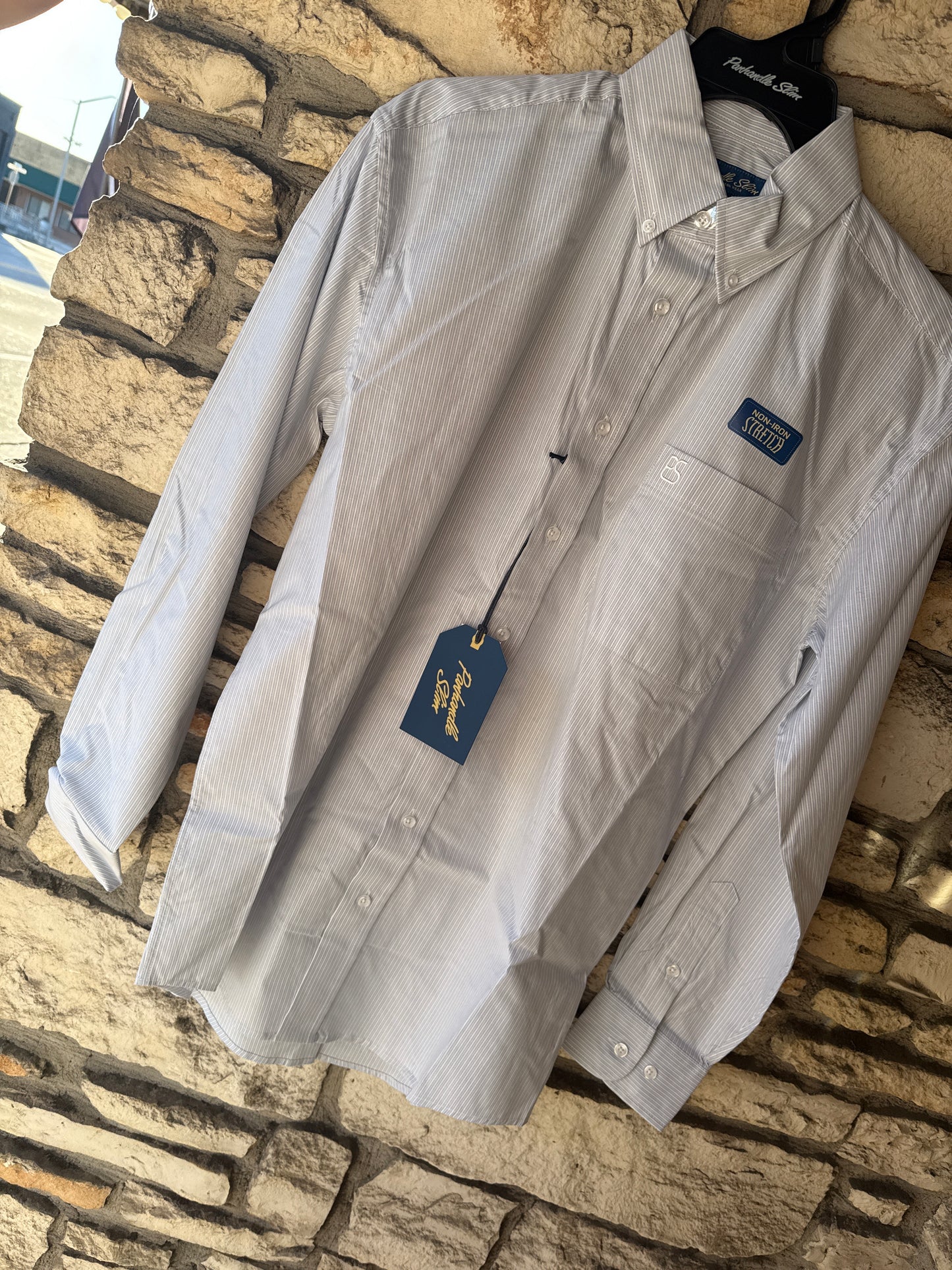 Panhandle Slim Men's Light Blue Striped Long Sleeve Button Down