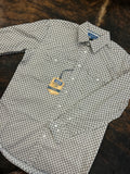Panhandle Rough Stock Men’s Khaki Geo Print Pearl Snap Western Shirt