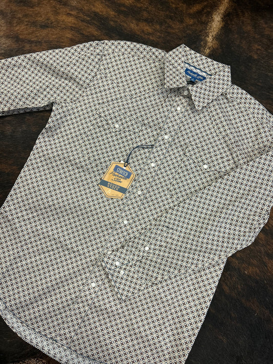 Panhandle Rough Stock Men’s Khaki Geo Print Pearl Snap Western Shirt