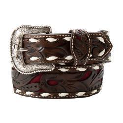3D Boys Belt 1 1/2" - 1 1/4" Scrolling Filigree Underlay Burgundy