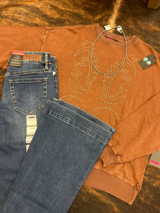 Rock N Roll Denim High Rise Stretch Medium Wash Snap Pocket Trousers