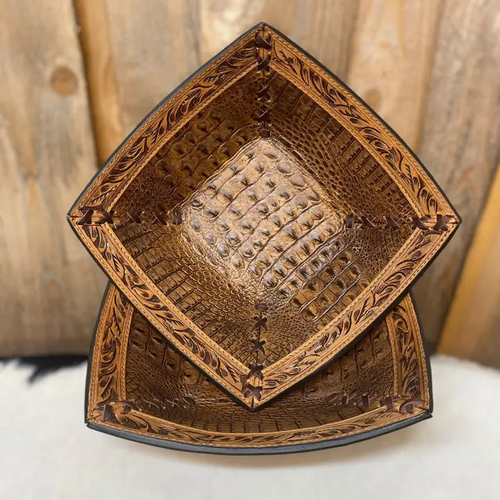 Brown Alligator Tooled Leather Bowl