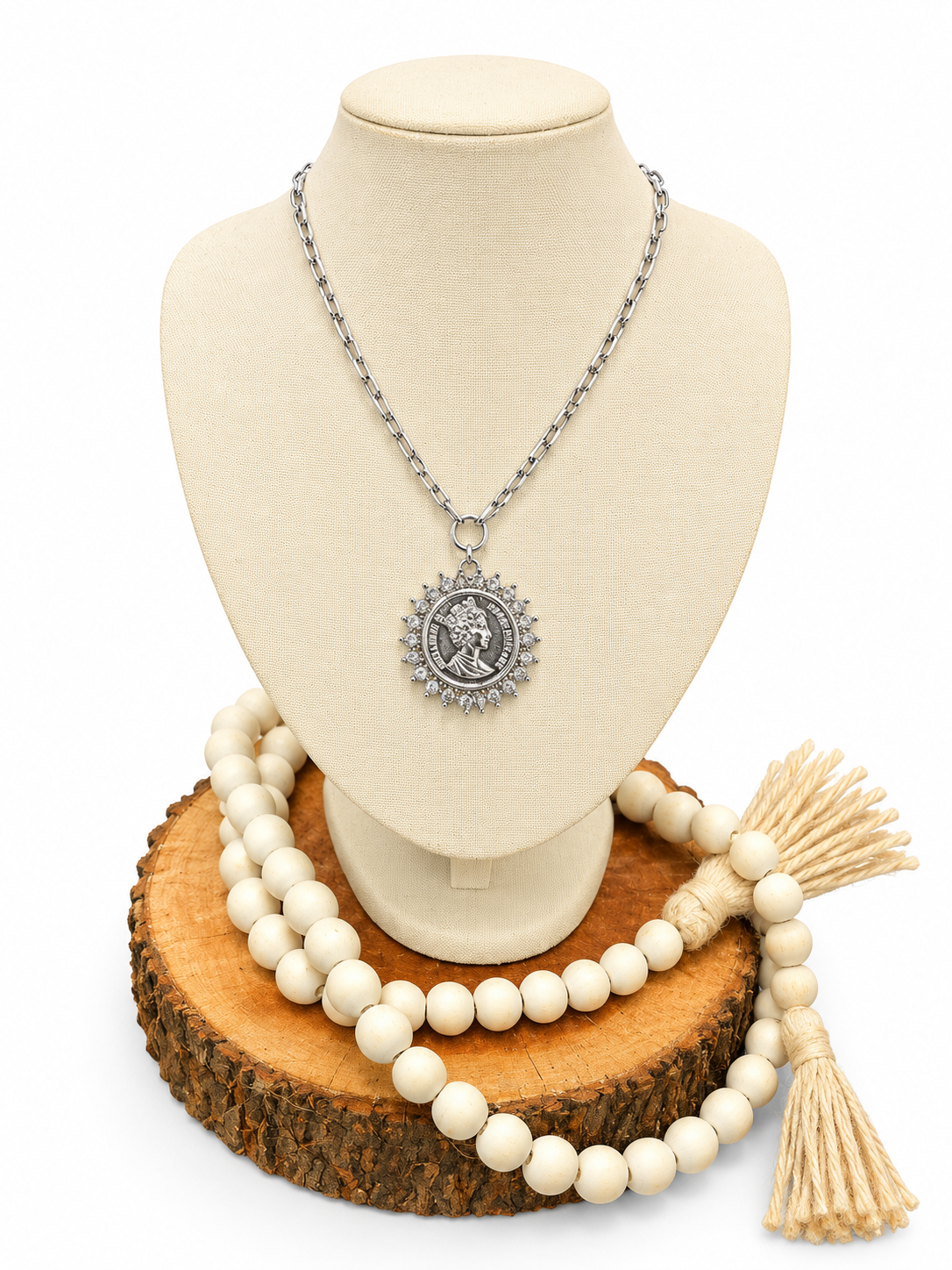 Jeweled Silver Queen Coin Necklace