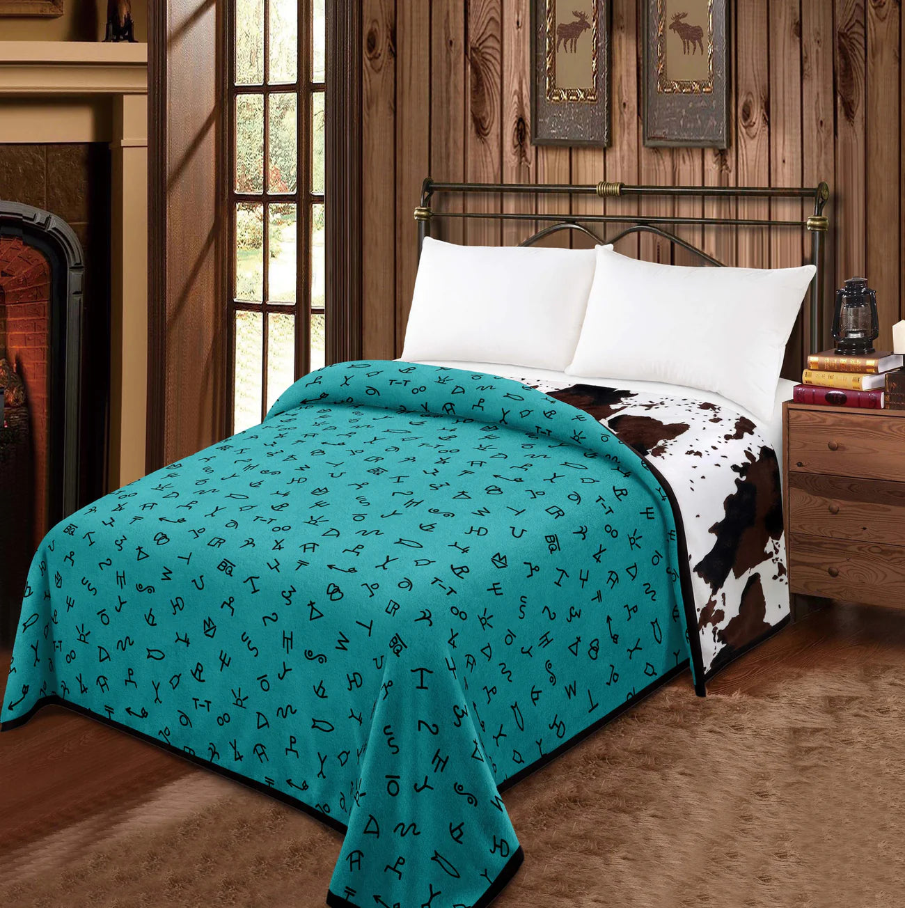 Blue Brand & Cow Print- King Reversible Blanket
