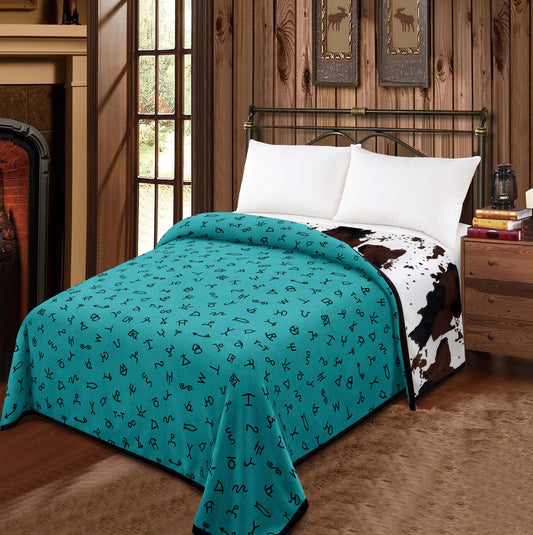 Blue Brand & Cow Print- King Reversible Blanket