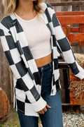 Checkered Waffle Knit Thumbhole Open Front Cardigan