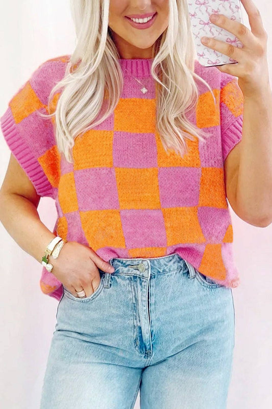Colorblock Pattern Ribbed Trim Sweater Tank Top